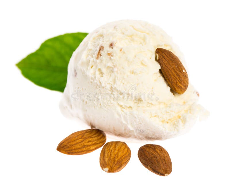 Almond ice cream scoop front view with almonds and leaf