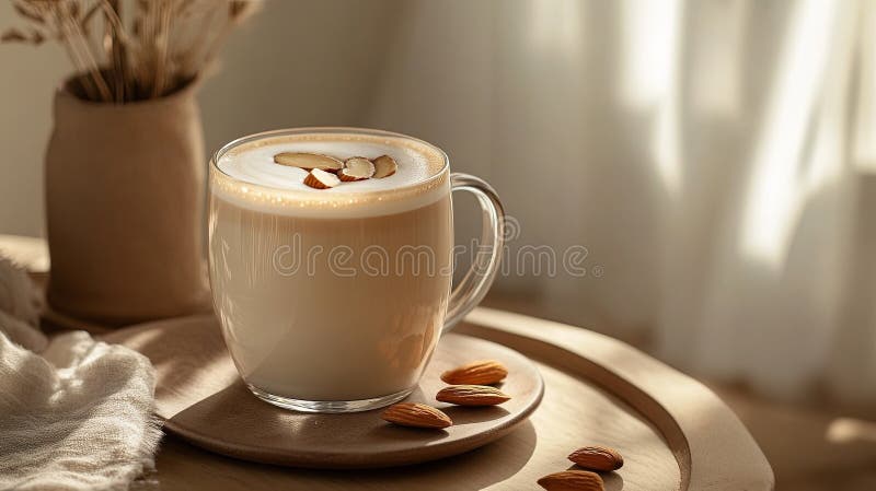 Almond milk latte, almond slices, cozy setting. royalty free stock images