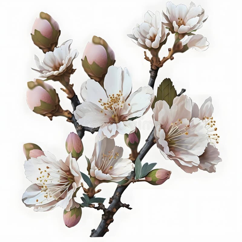 Almond Tree with White and Pink Flowers on Branches Stock Illustration