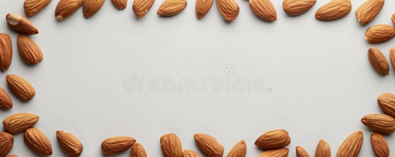 Almonds arranged in a border on white background, top view. Healthy eating concept stock illustration