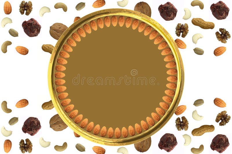Almonds arranged in circle in Golden plate with Various dry fruit nuts and chocolate abstract pattern with free blank space Almond royalty free illustration