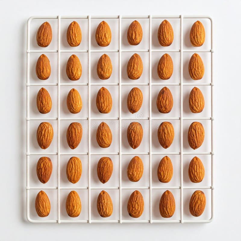 Almonds arranged in grid pattern on white background, showcasing minimalist and organized design. Generative AI vector illustration