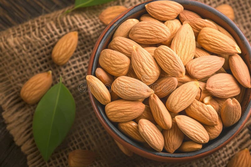 Almonds arranged in an orange cup, resting on vintage table stock illustration