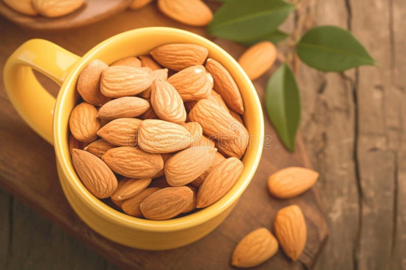 Almonds arranged in an orange cup, resting on vintage table stock illustration