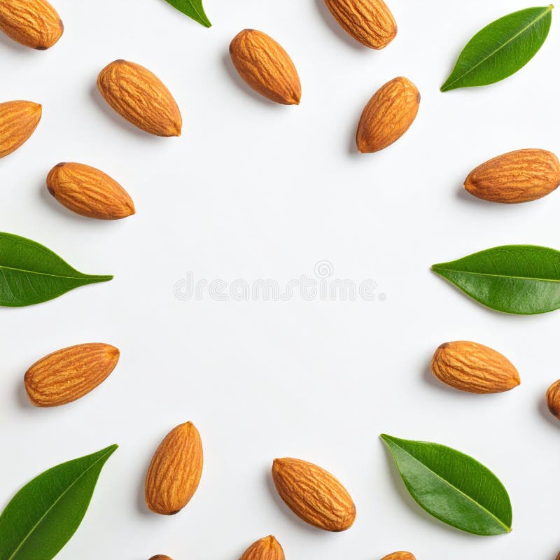 Almonds and green leaves arranged in circle on white background. Generative AI stock illustration