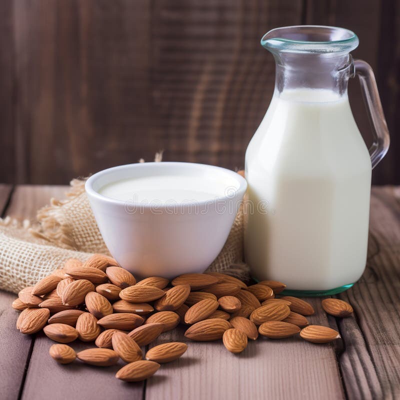 Free Photo  Milk carafe with bowl of almonds and bottle of milk high angle  view on a white wooden and piece of sack background