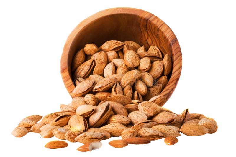Almonds Nuts with Shell in Bowl Isolated on White Background Stock