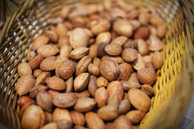 Almonds Unshelled Nuts in Basket, Fresh and Raw Stock Photo Image of