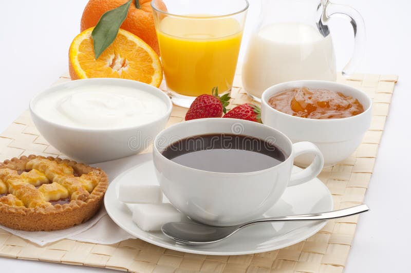 Healthy continental breakfast with coffee, fruits and sweets. Healthy continental breakfast with coffee, fruits and sweets