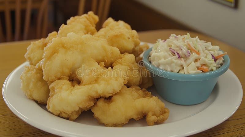 Pescado frito crujiente, ensalada de col, restaurante, almuerzo imagenes de archivo