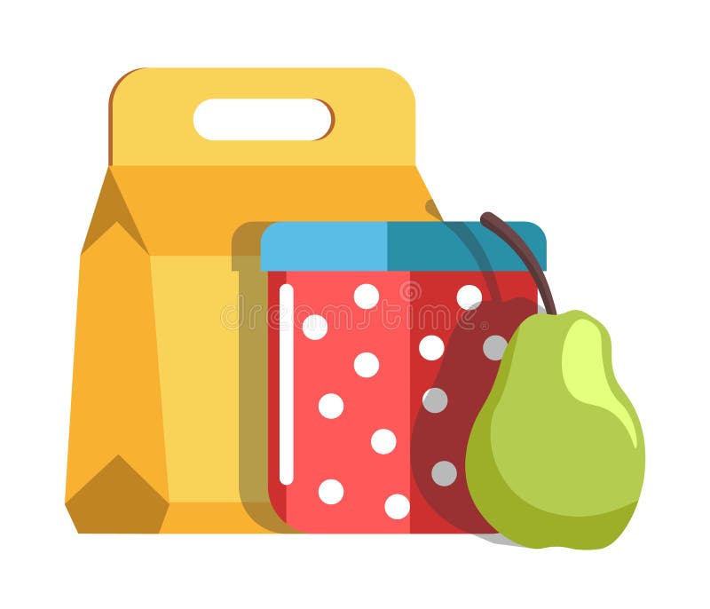 School lunch in cardboard box and jar with polka-dot pattern with fresh green pear isolated cartoon flat vector illustration on white background. Nutritious healthy meal to maintain energy at school. School lunch in cardboard box and jar with polka-dot pattern with fresh green pear isolated cartoon flat vector illustration on white background. Nutritious healthy meal to maintain energy at school.