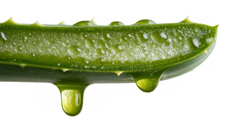 Aloe vera Blatt mit Querschnitt und Tropfgel minimal auf weiß stockfoto
