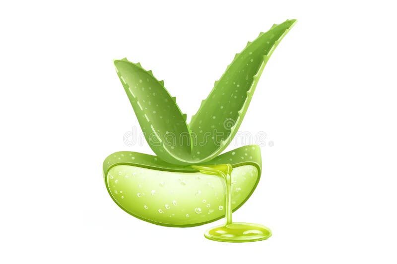 Aloe vera Blatt mit Querschnitt und Tropfgel minimal auf weiß stockfotos