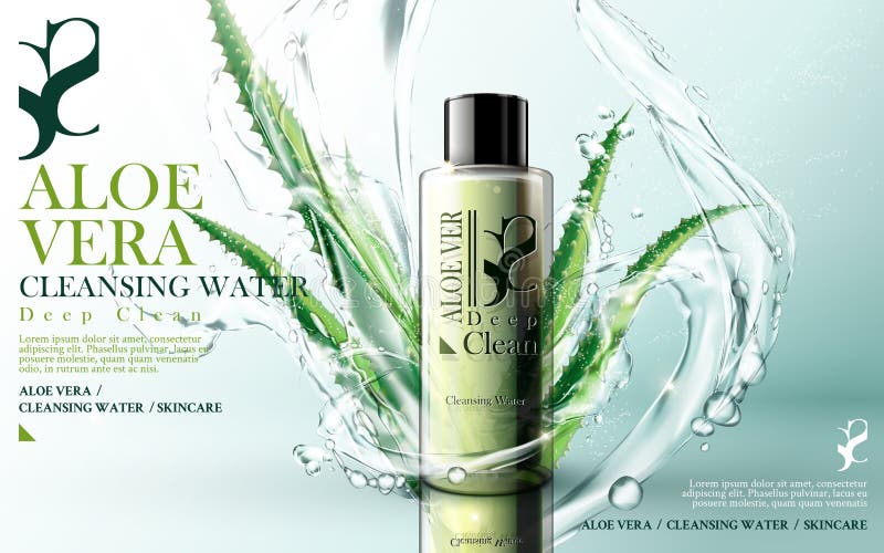 Aloe vera cleansing foam, contenute nel verde bottiglia, con aloe e acqua elementi del flusso luminoso sfondo, illustrazione 3d.