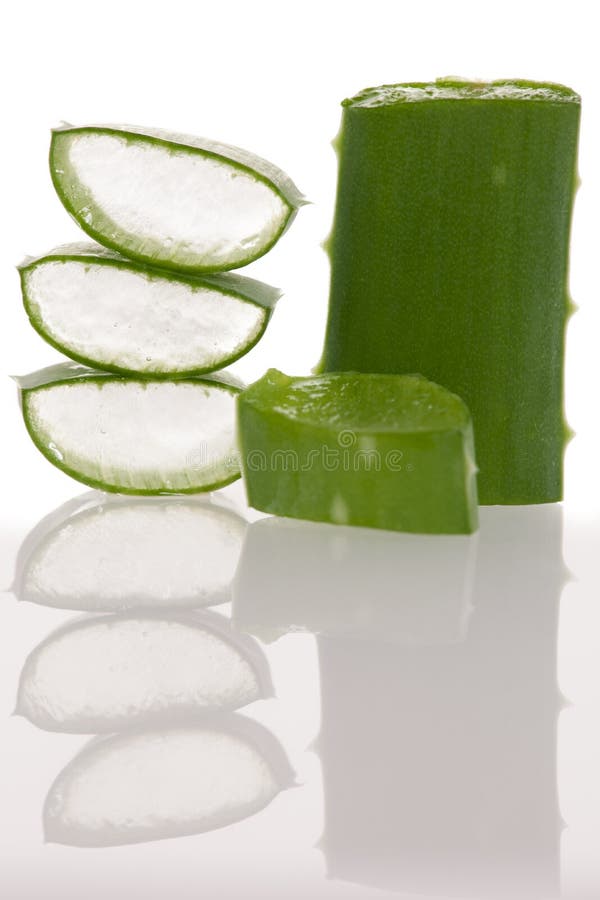 Aloe vera green fresh leafs sliced isolated over white background