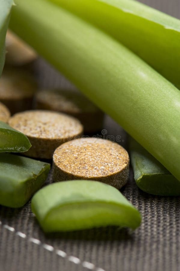 Aloe vera plant with pills stock image. Image of bottle 22759675