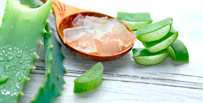 Aloe Vera gel closeup on white wooden background. Organic sliced aloevera leaf and gel, natural organic cosmetic ingredients for sensitive skin, alternative medicine. Skincare concept. Aloe Vera gel closeup on white wooden background. Organic sliced aloevera leaf and gel, natural organic cosmetic ingredients for sensitive skin, alternative medicine. Skincare concept