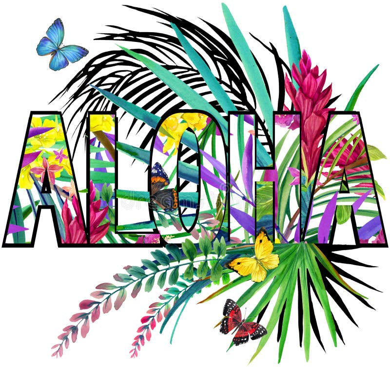 aloha Aloha trójnika Koszulowy projekt Tropikalnych rośliien akwarela ilustracji aloha Aloha trójnika Koszulowy projekt Tropikalnych rośliien akwarela ilustracji