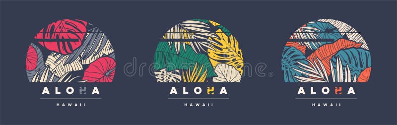 Aloha Hawaii. Set of three colorful tropical vector t-shirt designs, posters, prints, labels