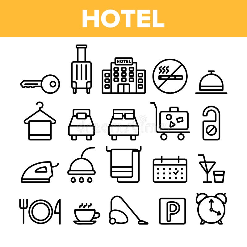 Alojamiento de hotel, sistema linear de los iconos del vector de las amenidades del sitio ilustración del vector Alojamiento de hotel, sistema linear de los iconos del vector de las amenidades del sitio ilustración del vector