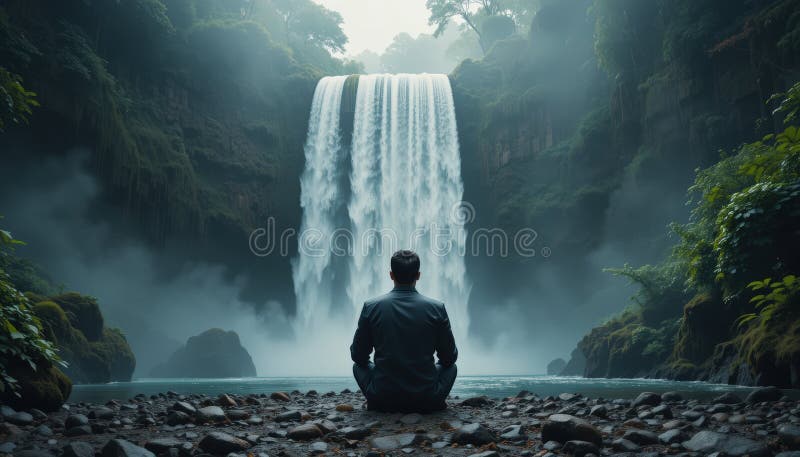 Alone man sits on rocky shore with back view facing powerful waterfall stock illustration
