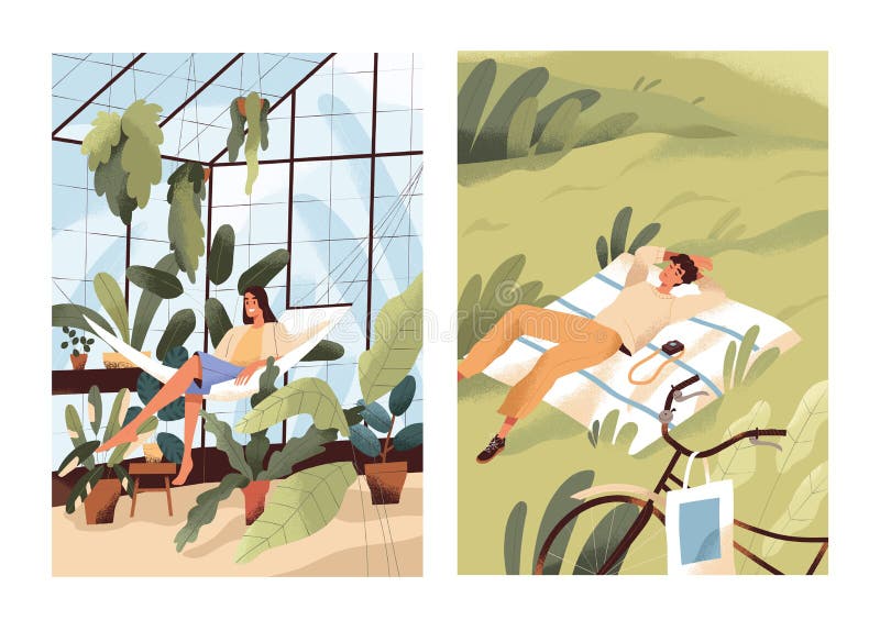 Alone with nature, solitude concept. Happy relaxed woman in greenhouse with plants. Single man relaxing or sleeping in