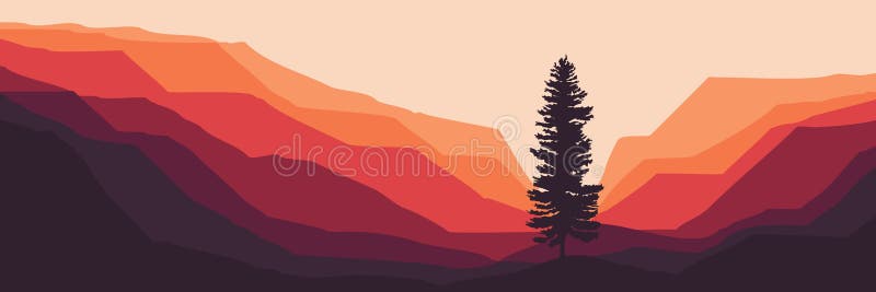 Alone pine tree silhouette at mountain landscape vector illustration.