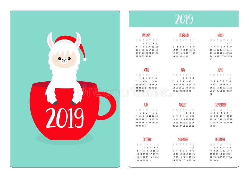 Alpaca bonito do lama Copo de chá do café Santa Hat Ano novo de disposição de calendário 2019 do bolso Orientação vertical A sema ilustração do vetor Alpaca bonito do lama Copo de chá do café Santa Hat Ano novo de disposição de calendário 2019 do bolso Orientação vertical A sema ilustração do vetor