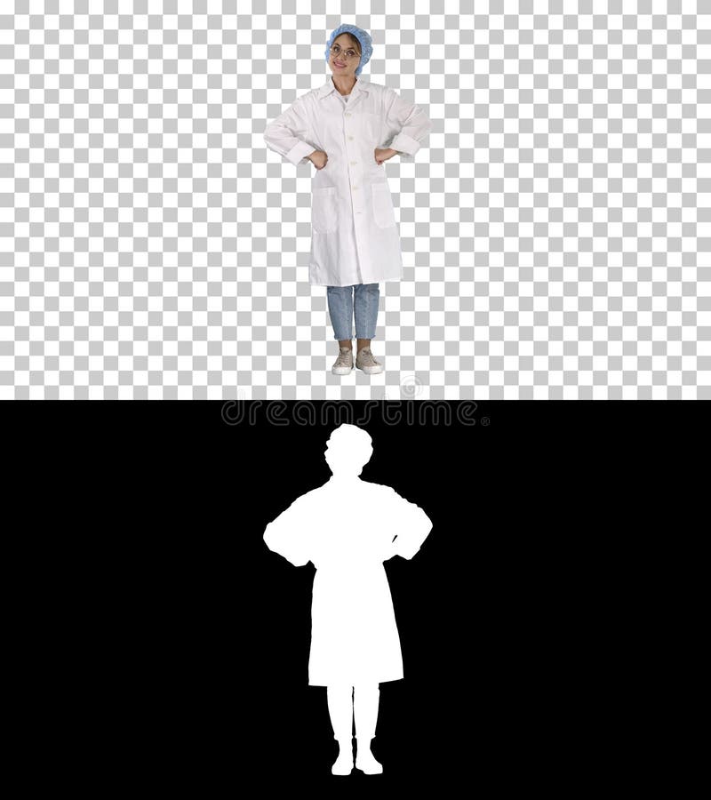 Doctor woman with hands on hips, standing, relaxed and smiling, very positive and cheerful, Alpha Channel royalty free stock images Doctor woman with hands on hips, standing, relaxed and smiling, very positive and cheerful, Alpha Channel royalty free stock images