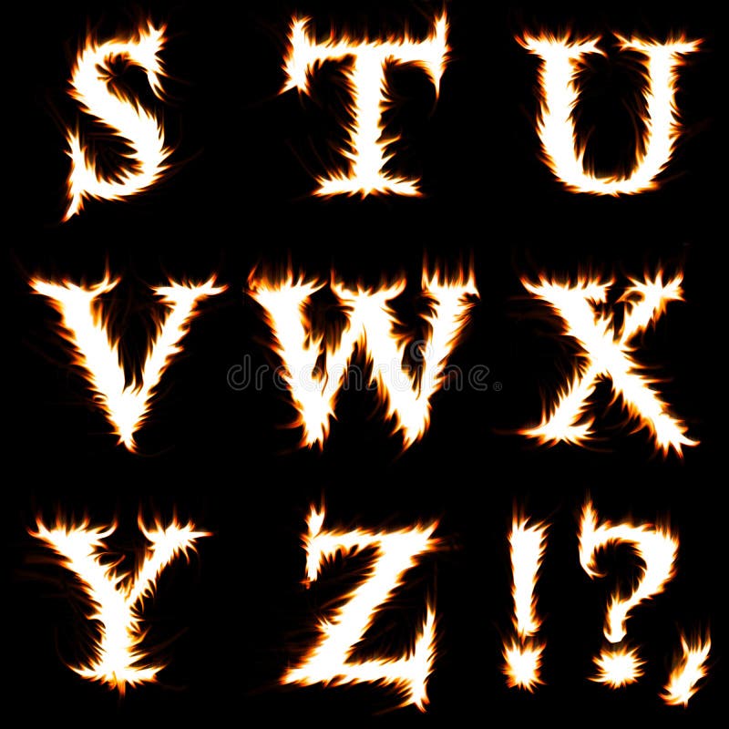 Fire Font Text All Letters Of Alphabet On Black Background Stock