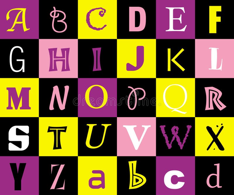 The alphabet shown on a check background using different fonts styles to show the letters