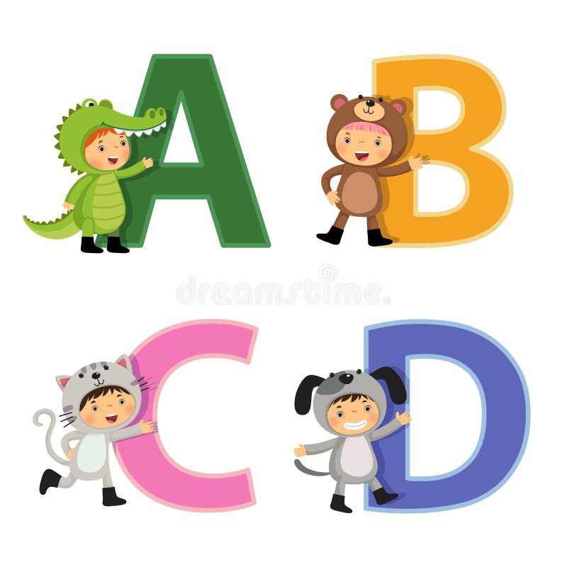 Alphabet anglais avec des enfants chez le costume animal, lettres d'A à de D illustration libre de droits Alphabet anglais avec des enfants chez le costume animal, lettres d'A à de D illustration libre de droits