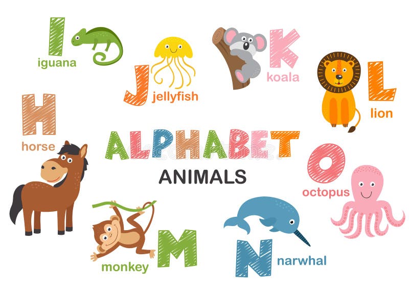 Alphabet For Kids From A To Z. Set Of Funny Cartoon Animals Character