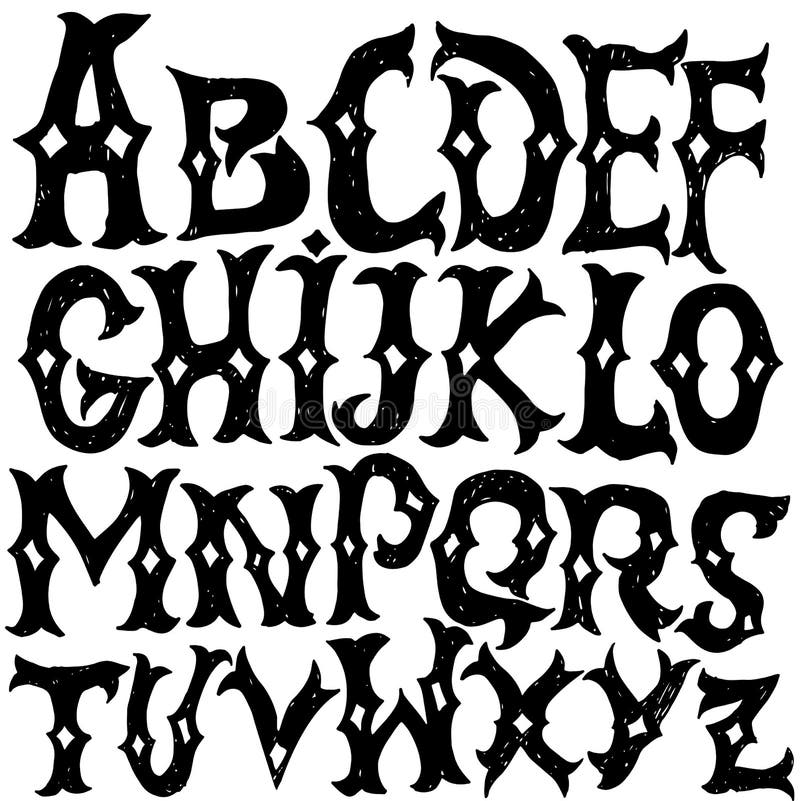 Alphabet antique Lettres gothiques Police tirée par la main de vintage Lettrage grunge de vecteur occidental illustration libre de droits Alphabet antique Lettres gothiques Police tirée par la main de vintage Lettrage grunge de vecteur occidental illustration libre de droits