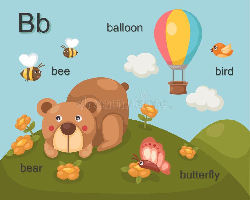 Alphabet.b letter bee bear balloon bird butterfly