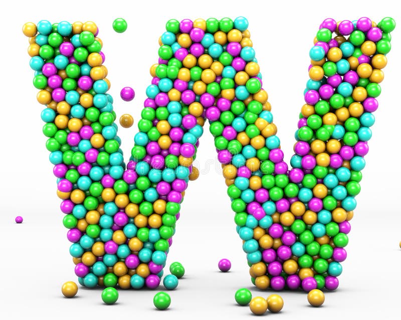 Alphabet balls multi-colored, kids font 3d render. Letter W. Isolated on white