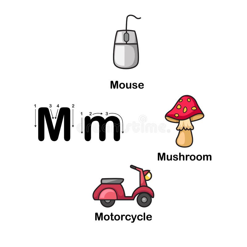 Alphabet-Buchstabec$m-maus, Pilz, Motorradvektorillustration lizenzfreie abbildung
