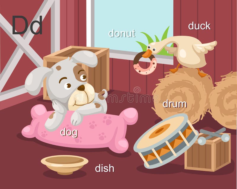 Alphabet.D letter dog donut dish drum duck