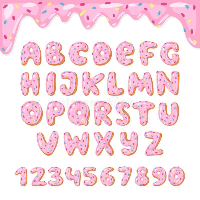Alphabet donut vector kids alphabetical doughnuts font ABC with pink letters and glazed numbers with icing or sweet stock illustration