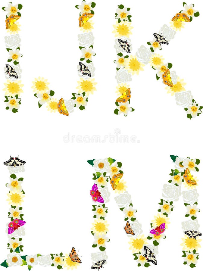 Alphabet of flowers and butterflies-I, J, K, L, M.