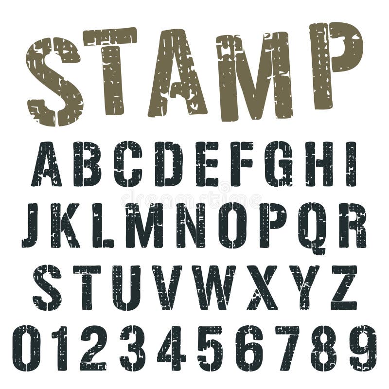 Rubber stamp font. Red letters and numbers template typography for