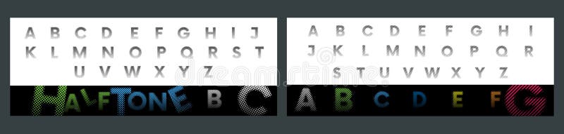 Alphabet halftone font type, text in vector style. Retro font elements set. Letter - typography grunge dot. Graphic design for royalty free illustration
