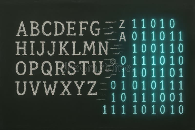 Alphabet letters and binary code on chalkboard background, concept of digital language, encoding and encryption. Coding text hacker concept stock images, royalty-free photos and pictures