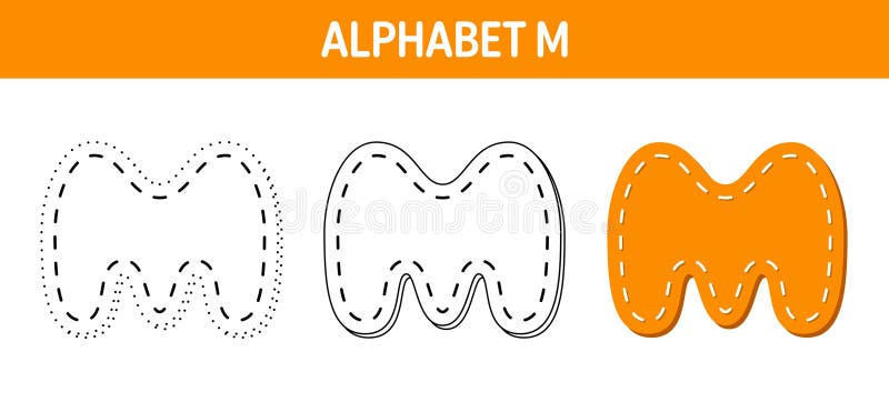 Alphabet M tracing and coloring worksheet for kids vector illustration