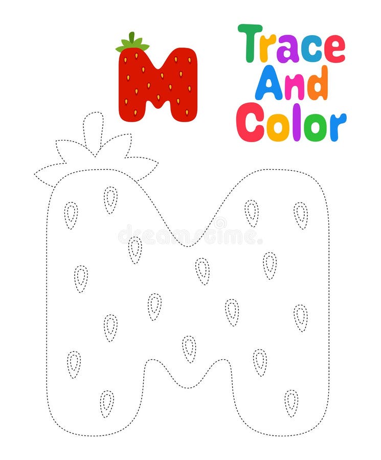 Alphabet M tracing worksheet for kids stock illustration