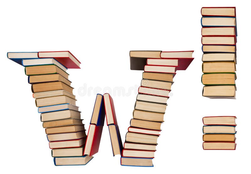 Alphabet made out of books, letter W and exclamation mark stock image