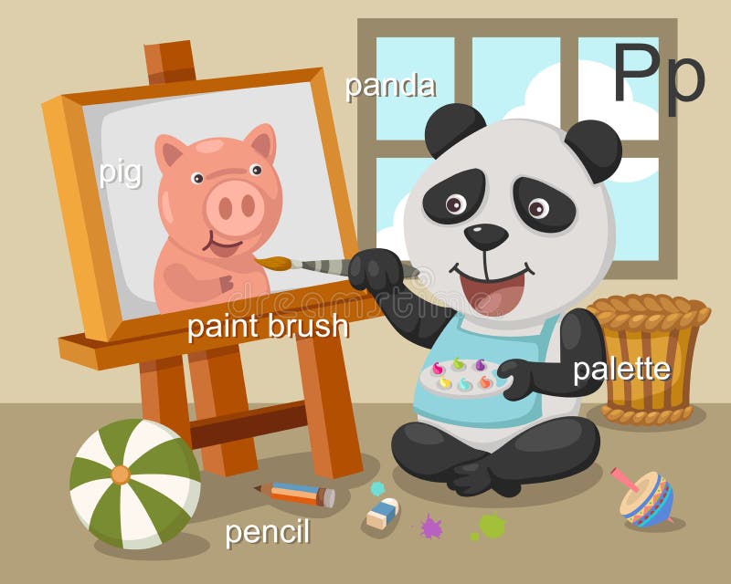 Alphabet.p letter pig panda paintbrush pencil palette