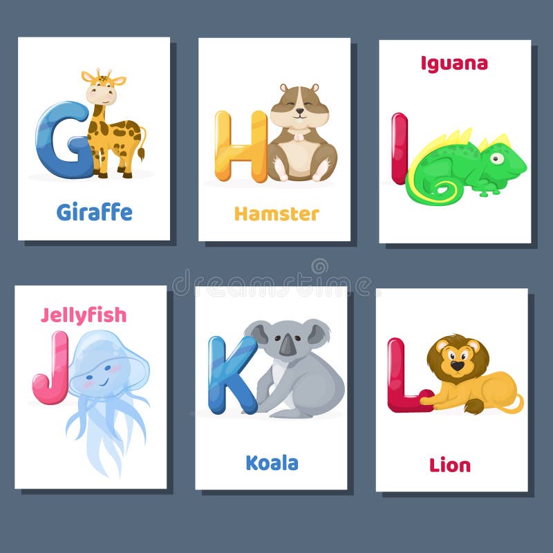 Alphabet printable flashcards vector collection with letter G H I J K L. Zoo animals for english language education. stock illustration Alphabet printable flashcards vector collection with letter G H I J K L. Zoo animals for english language education. stock illustration