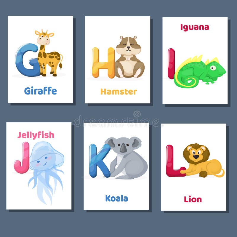 Alphabet Printable Flashcards Vector Collection with Letter G H I J K L. Zoo  Animals for English Language Education. Stock Vector - Illustration of  background, banner: 120361455
