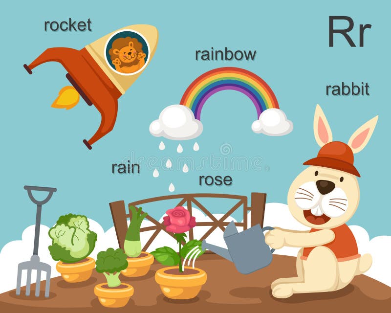 Alphabet.r letter rocket rain rose rabbit rainbow